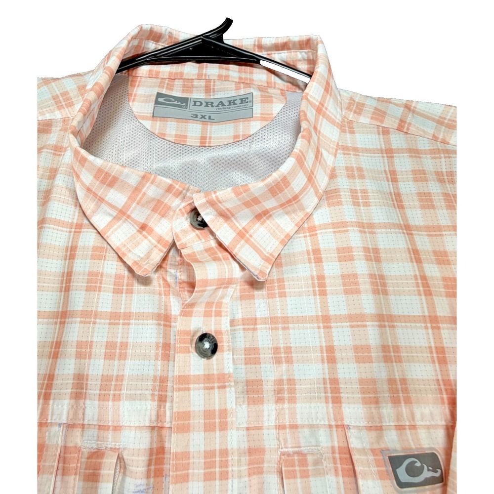 Drake Waterfowl 3XL Shirt Orange‎ White Plaid Vented Performance Fishing Field